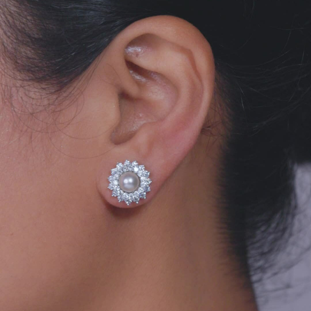 925 Silver Pearl and Diamond Stud Earrings