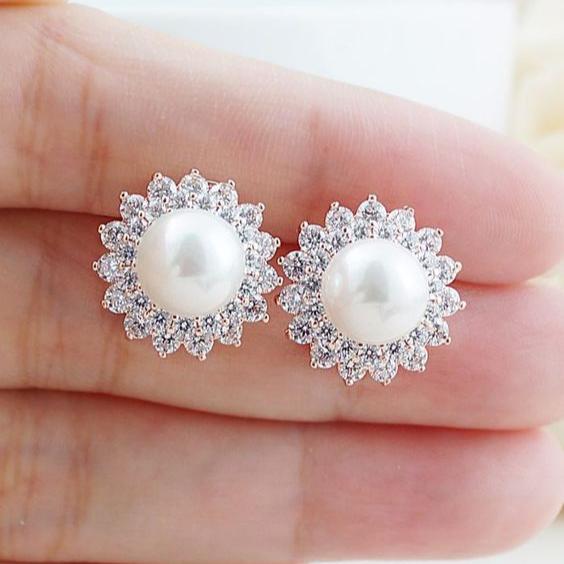 925 Silver Pearl and Diamond Stud Earrings